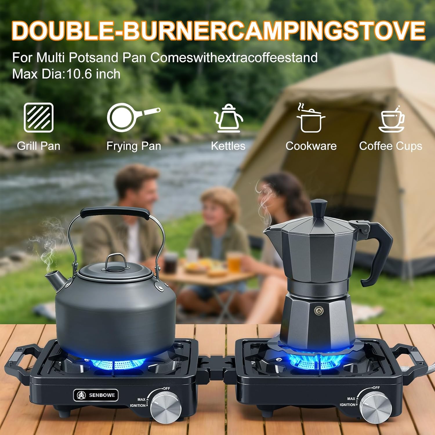 2-Burner Pro Camping Stove,24000 BTU Camp Stove,Foldable Propane Stove Includes Carry Bag,Windscreen Griddle