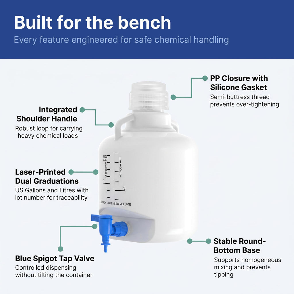HDPE Carboy with Spigot, 20L, USP Class VI