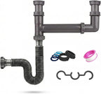 Double Bowl Kitchen Sink Drain Kit – End Outlet Waste for 1-1/2 Inch Drains – Adjustable Width (11" to 18") – PP