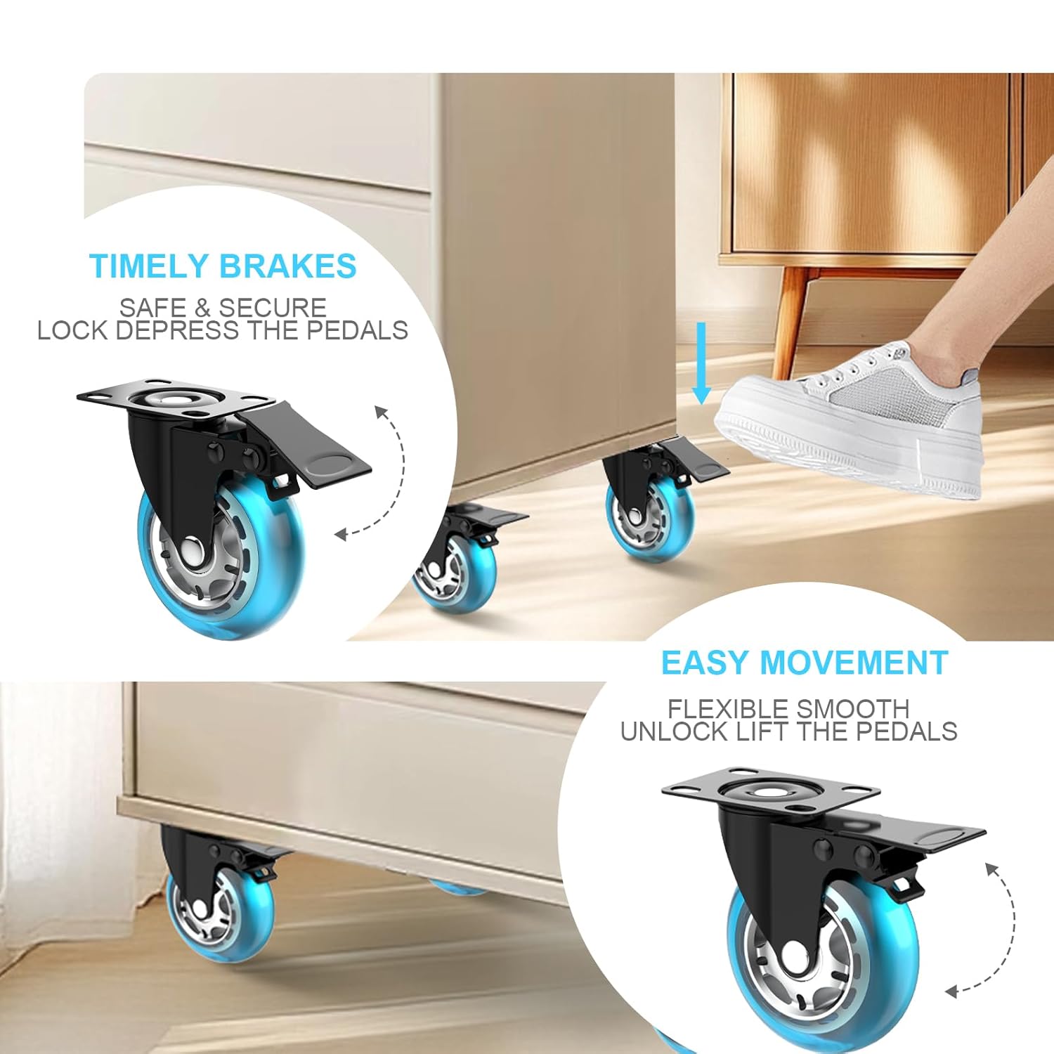 3 Inch Plate Casters Set of 4 Double Brake Heavy Duty | 1200 LBS, Non Marking & Quiet Blue Design, 360°Swivel, Wheels