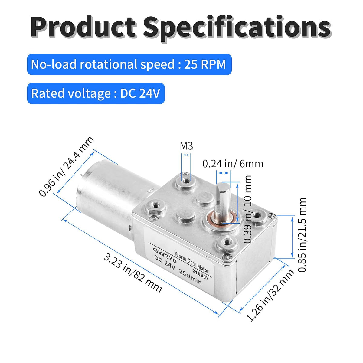 Speed Reduction Motor, DC 24V 25RPM, 10mm Shaft, Worm