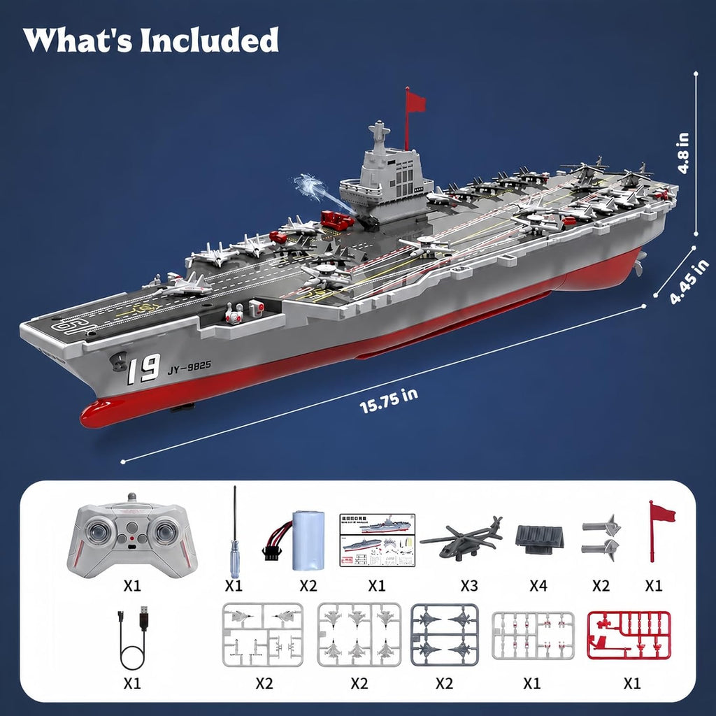 RC Boat with Water Spray, 16” Warship Battleship Aircraft Carrier with 2 Rechargeable Batteries, 15mph Dual-Motor