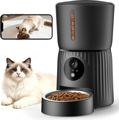 Automatic Cat Feeder with Camera, 1080P HD Video with Night Vision, 5G WiFi Automatic Dog Feeder with APP Control