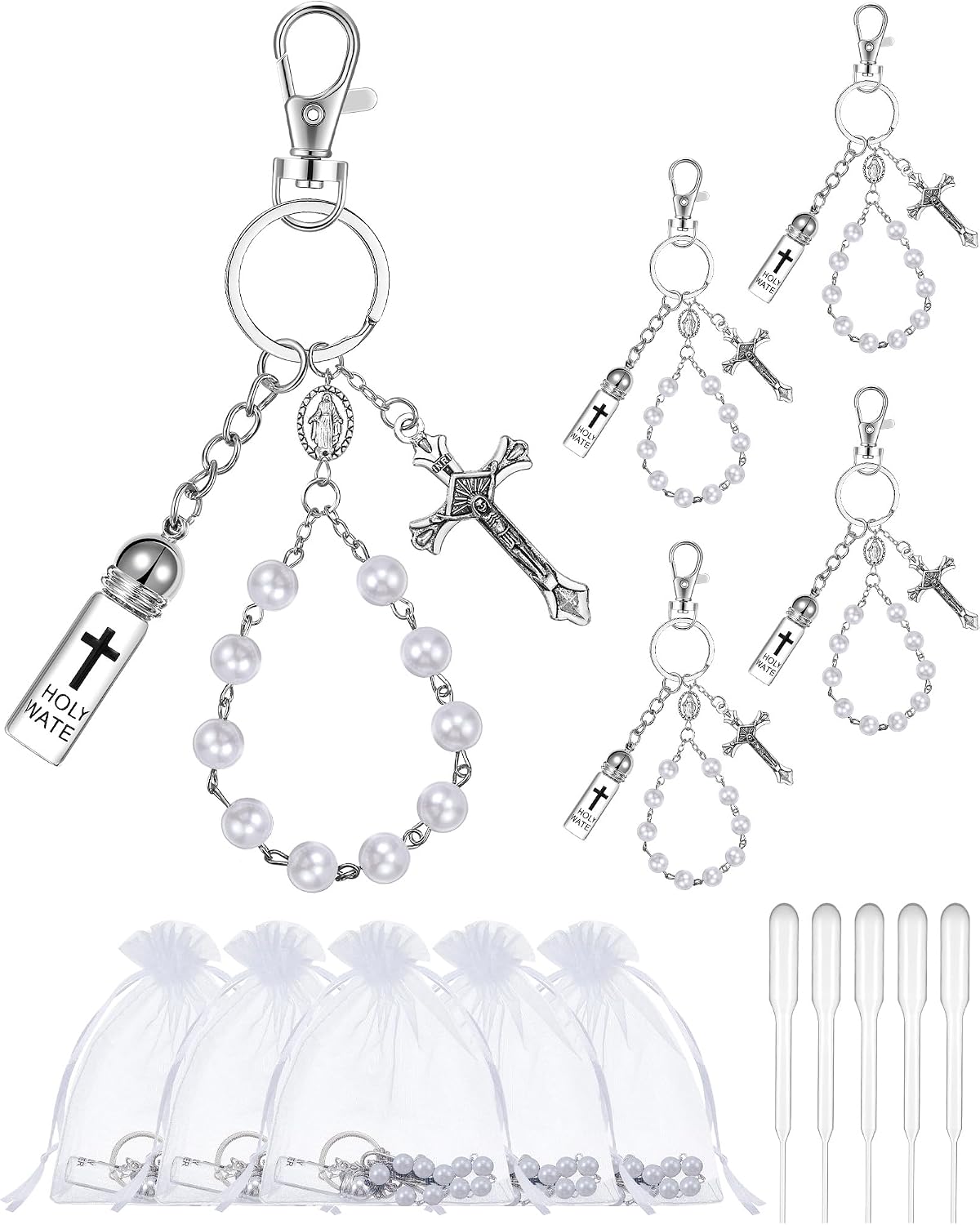 10 Set Holy Water Bottle Keychain with Rosary Bead Crucifix Organza Bags Catholic Gifts for Baptism Favors First