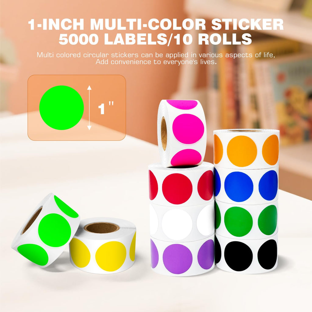 1 Inch 10 Colored Dot Stickers, 5000PCS Round Sticker Label Dots