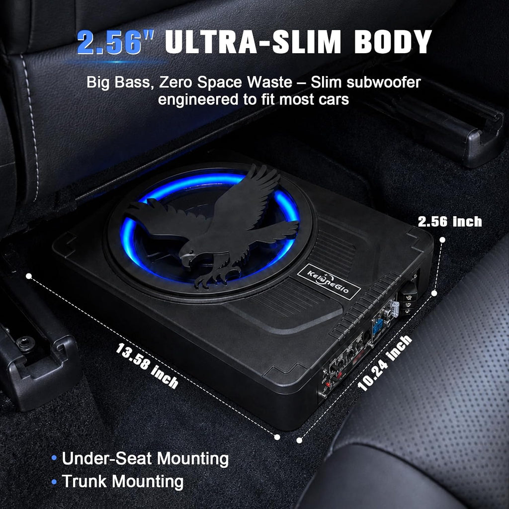 10 Inch Slim Under Seat Powered Car Subwoofer, 1200W Max Active Built-in Amplifier, Blue Ambient Light, Low Profile