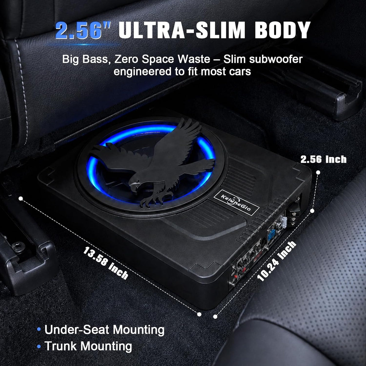 10 Inch Slim Under Seat Powered Car Subwoofer, 1200W Max Active Built-in Amplifier, Blue Ambient Light, Low Profile