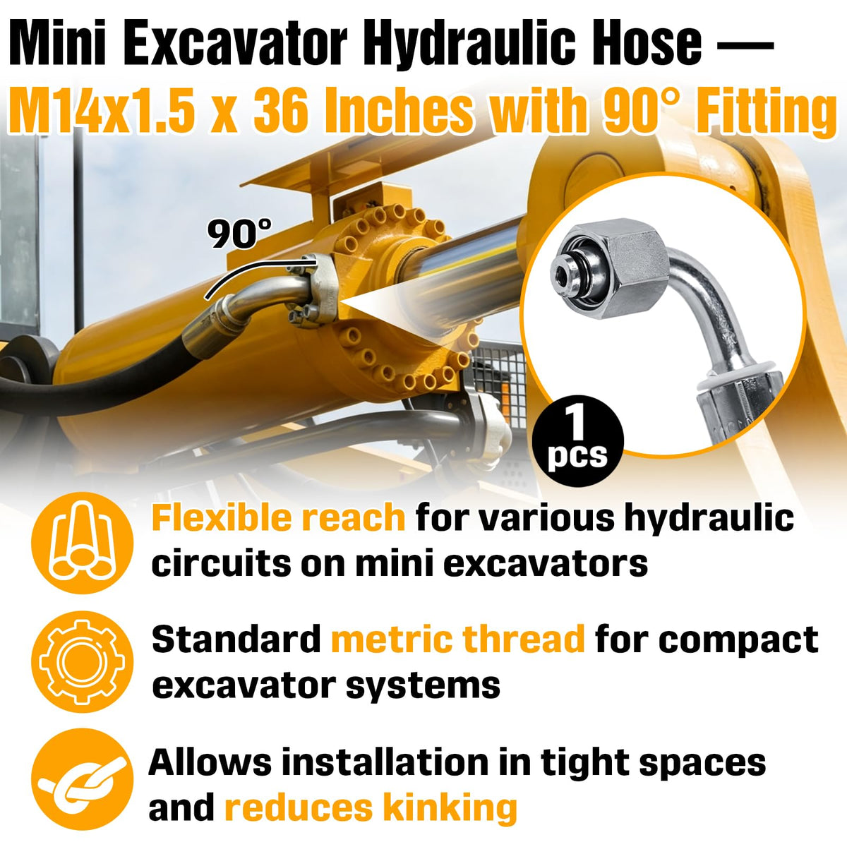 Mini Excavator Hydraulic Hose M14x1.5 x 36 Inches Compatible with AGT