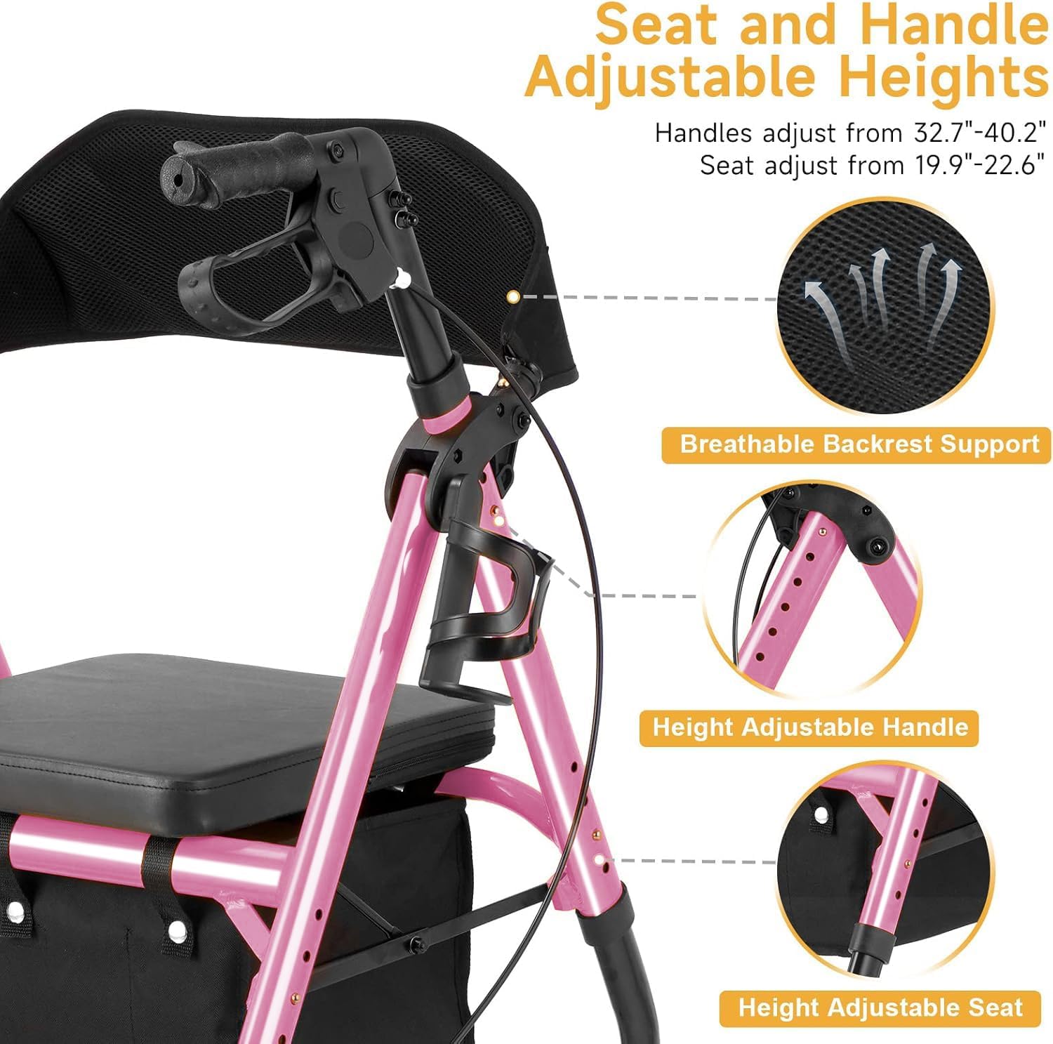 Lightweight Rollator Walker with Seat & Backrest - Foldable Mobility Aid for Seniors, 8" Large Airless Tires