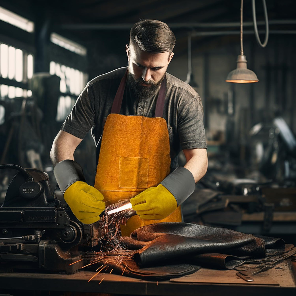 Men's Gloves and Feet Welding Apron - Heat Resistant and Flame Retardant Leather Processing Shop Blacksmith Apron
