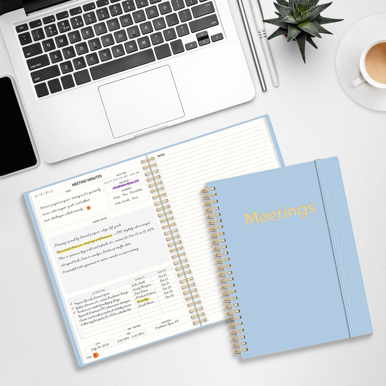 Half Meeting Half Note 7"x10" Notebook for Work – 140 Pages, B5 Size Project Planner for Women&Men, Minutes Organizer