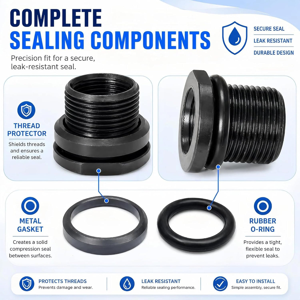 6 Pack Thread Protector 1/2”-28 to 5/8”-24 Thread Reducer Black Steel Thread Reducer Kit with Metal & Rubber Sealing Washers for Secure Mechanical Connections