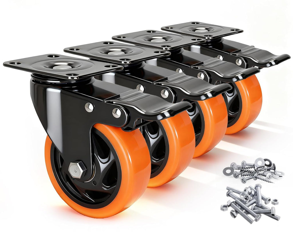 Caster Wheels, 4 Inch Caster Set of 4, Dual Locking PU Casters 2400LB, Swivel Casters for Furniture, Workbench & Tool