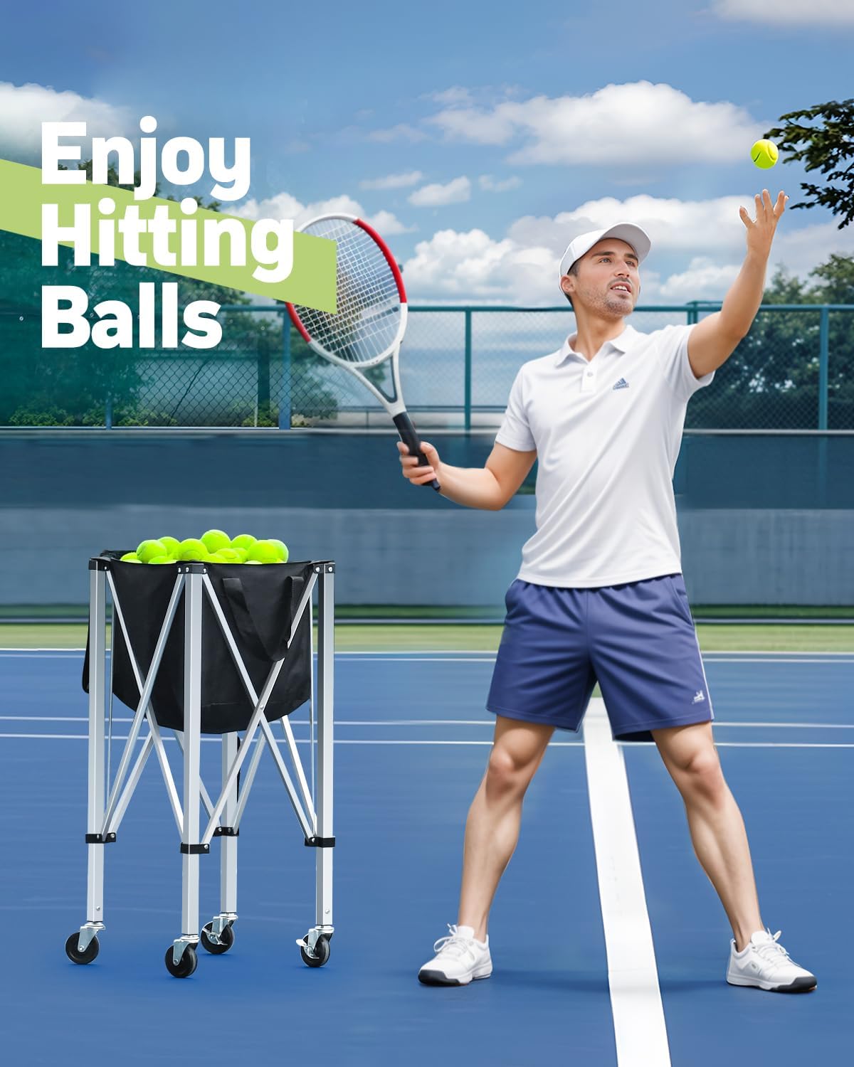 Tennis Ball Hopper Holds 150 Balls, Tennis Cart with Black/Red Bag