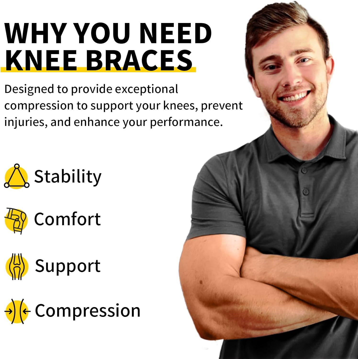2 Pack Knee Braces for Women & Men, Knee Compression Sleeves for Knee Pain Relief, Knee Support with Non-Slip