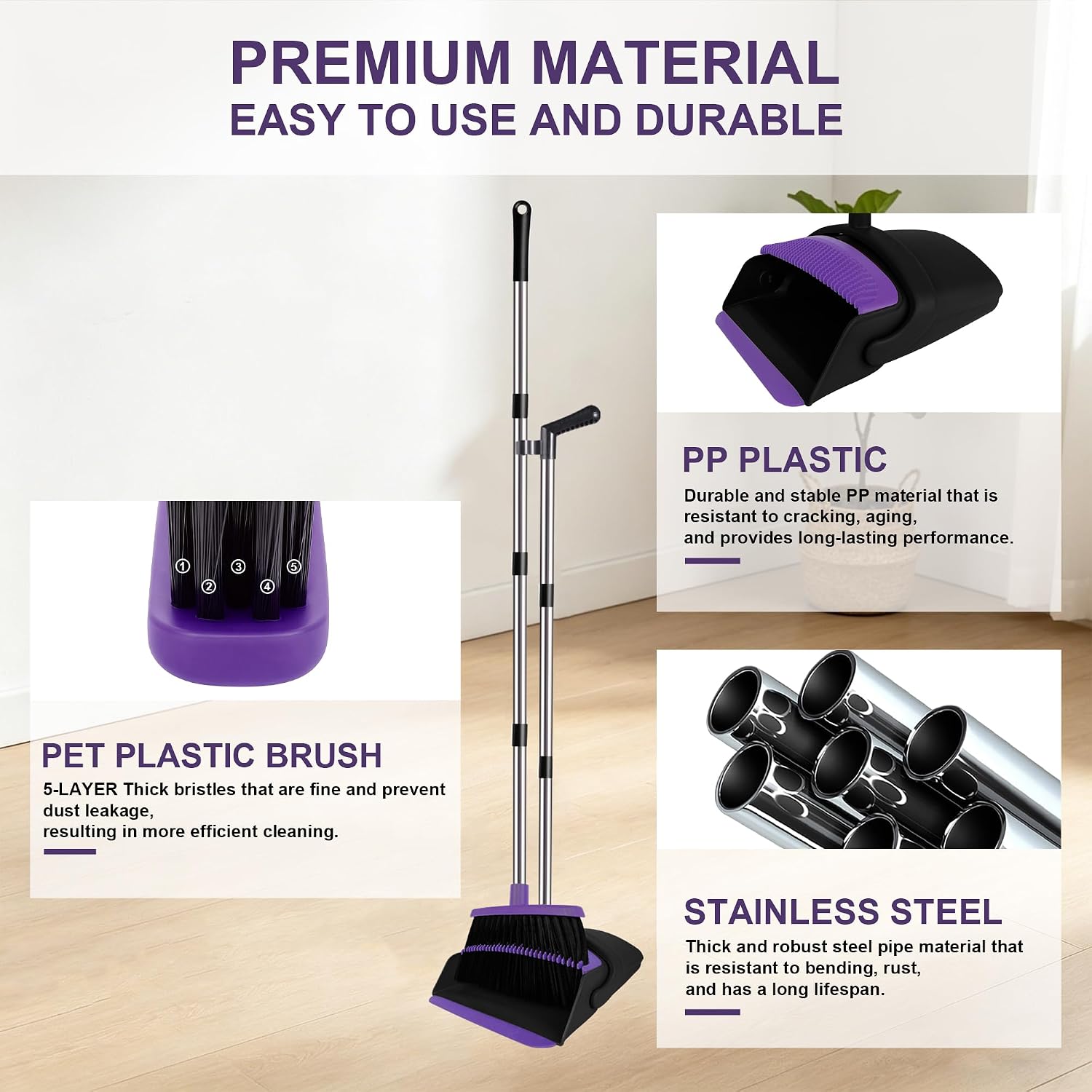 Broom and Dustpan Set, Upright Purple Broom with Dustpan Combo Set 51" Long Handle, Self Cleaning Dust Pan for Home