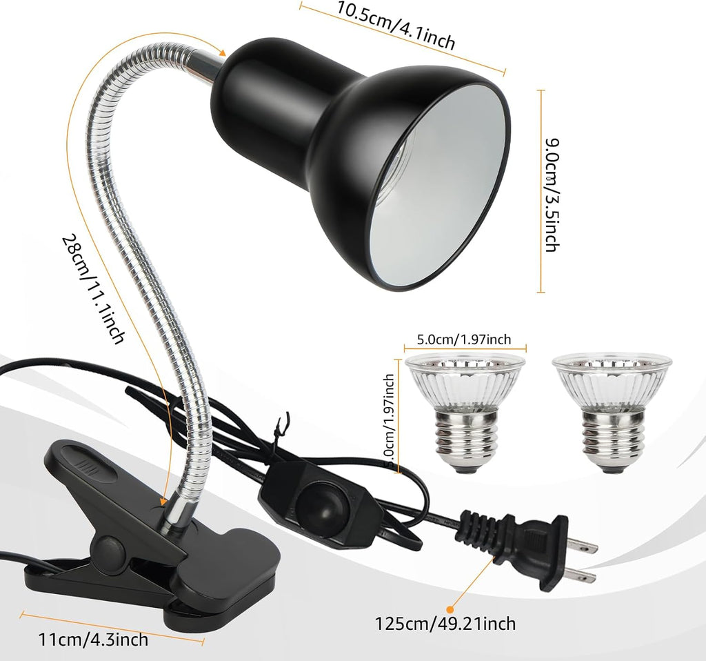 Reptile Heat Lamp UVA/UVB Light with Stepless Dimming, 360 Rotatable Gooseneck Clip-On Heating Lamp for Turtle Tank