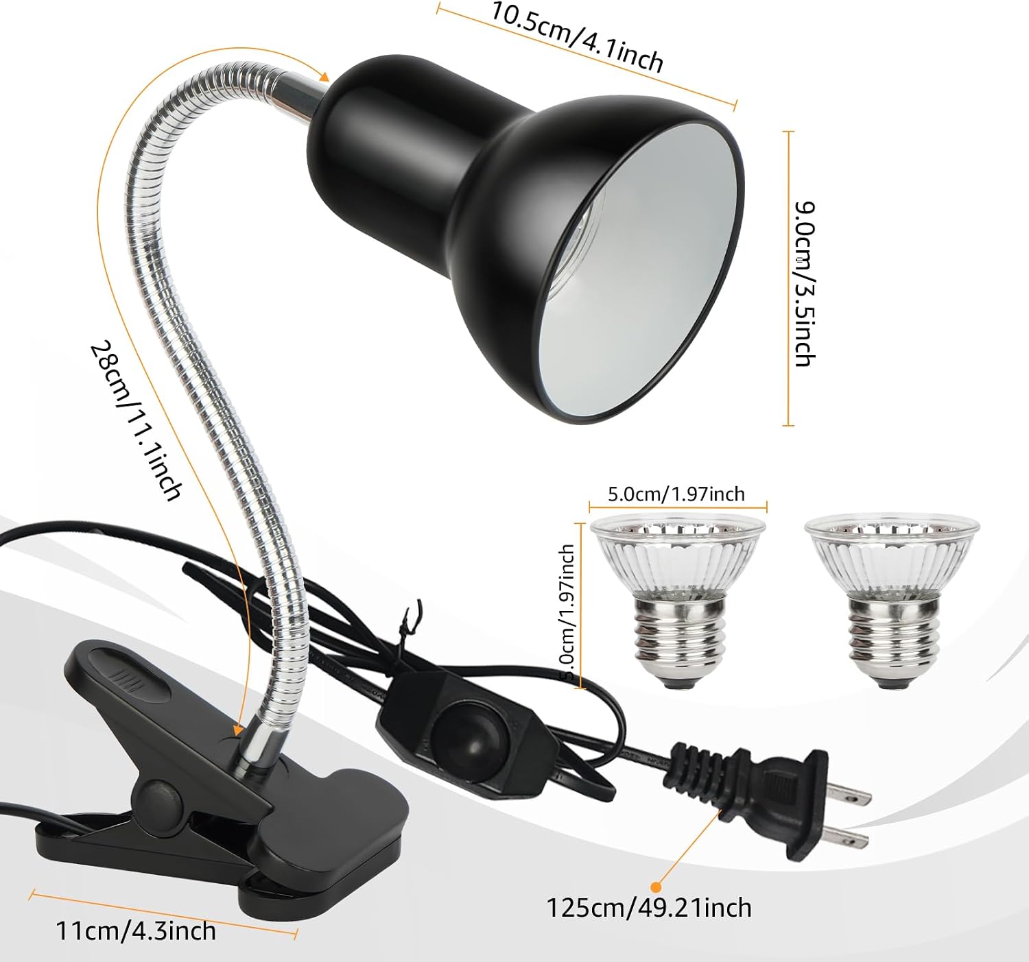 Reptile Heat Lamp UVA/UVB Light with Stepless Dimming, 360 Rotatable Gooseneck Clip-On Heating Lamp for Turtle Tank