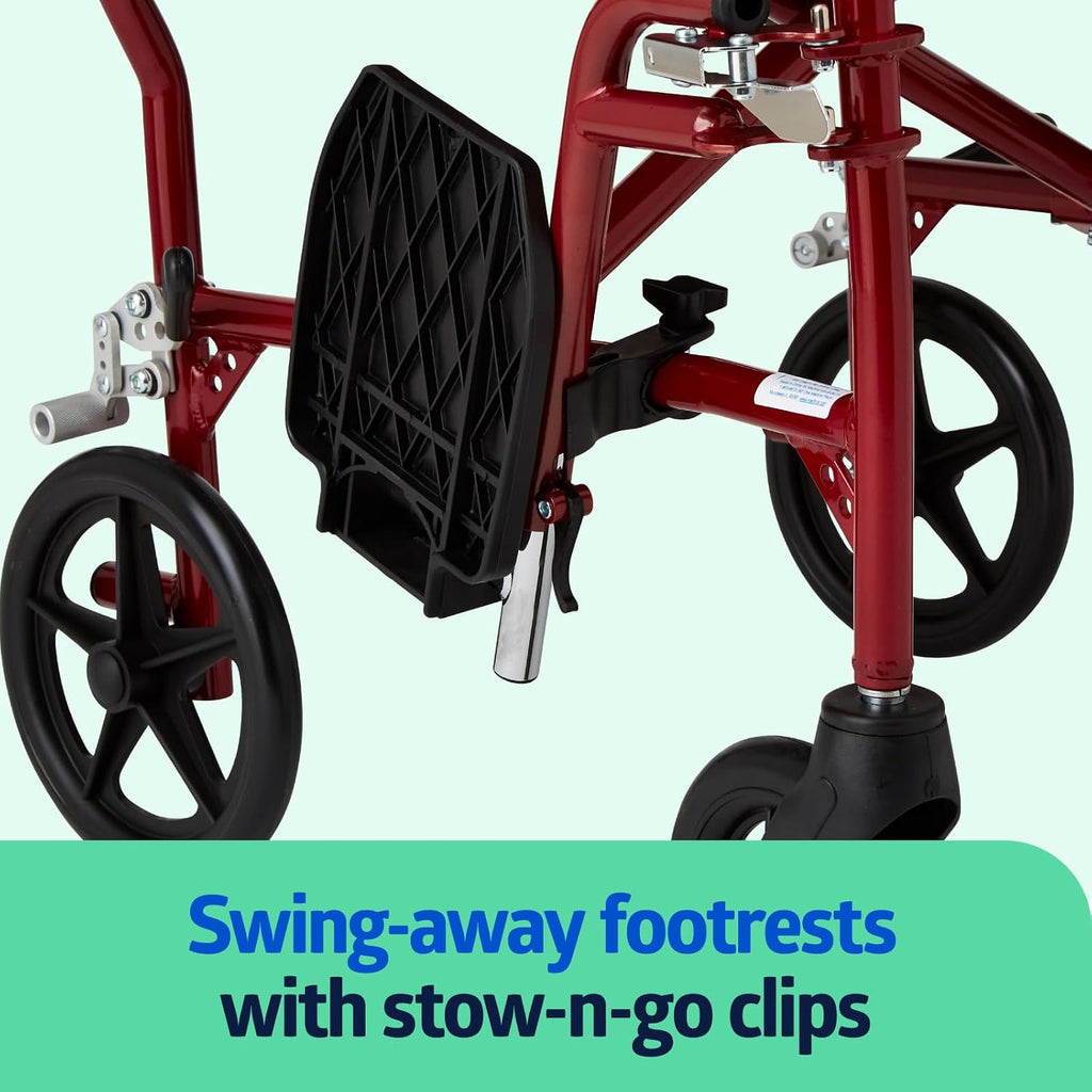 Ultra Lightweight Transport Wheelchair for Adults, Foldable, 19-Inch Seat Width, Red Frame, Black Upholstery