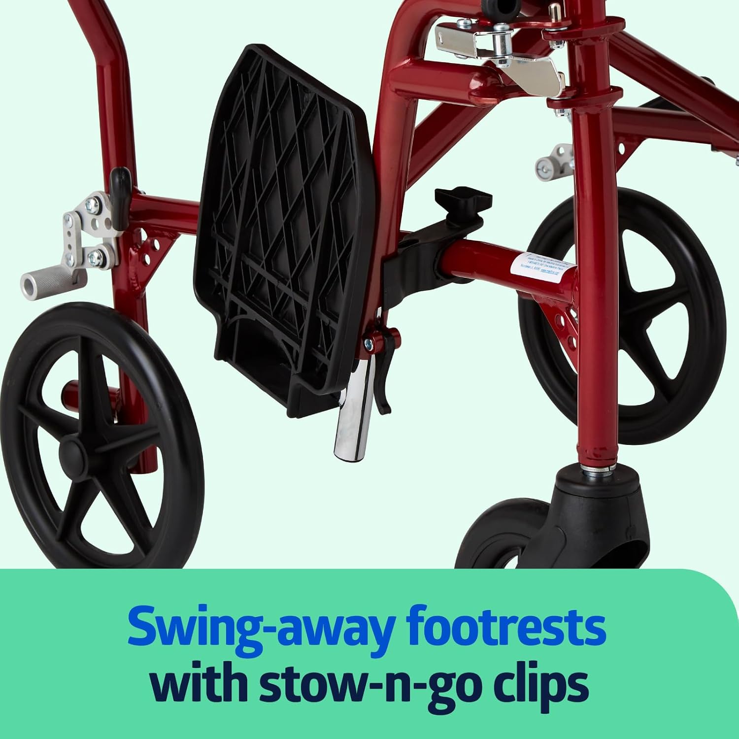 Ultra Lightweight Transport Wheelchair for Adults, Foldable, 19-Inch Seat Width, Red Frame, Black Upholstery