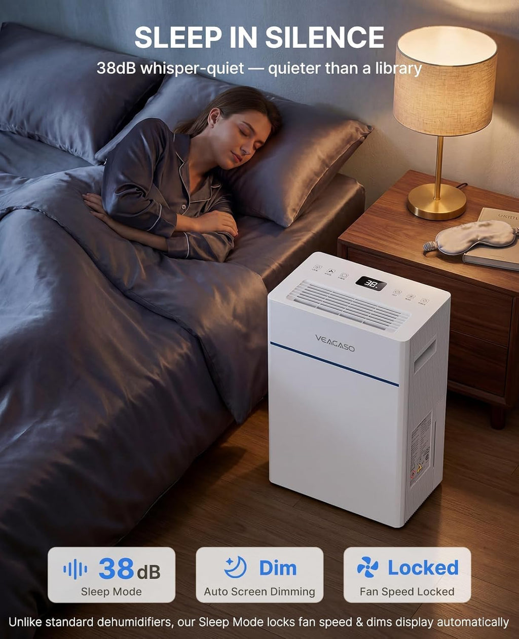 Dehumidifier for Basement, 28 Pints, 2000 Sq.Ft, 38dB Quiet mode 38dB quiet sleep mode, auto-defrost for cold