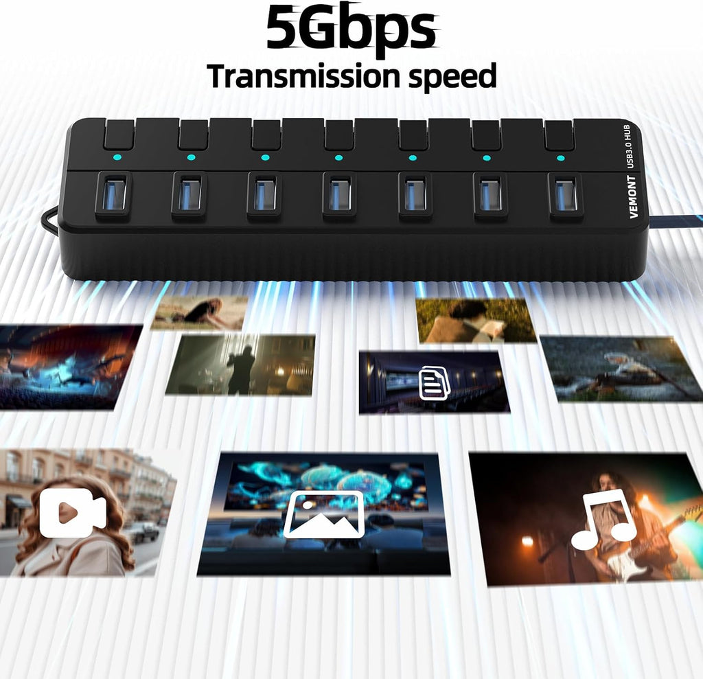 USB hub,7 Port USB 3.0 Hub,VEMONT USB Splitter with Individual On/Off Switches and Lights, 4ft/1.2m USB HUB Long