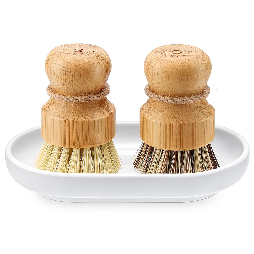 Bamboo Dish Scrub Brush,Produce Brush,2 Pack with Ceramic Holder