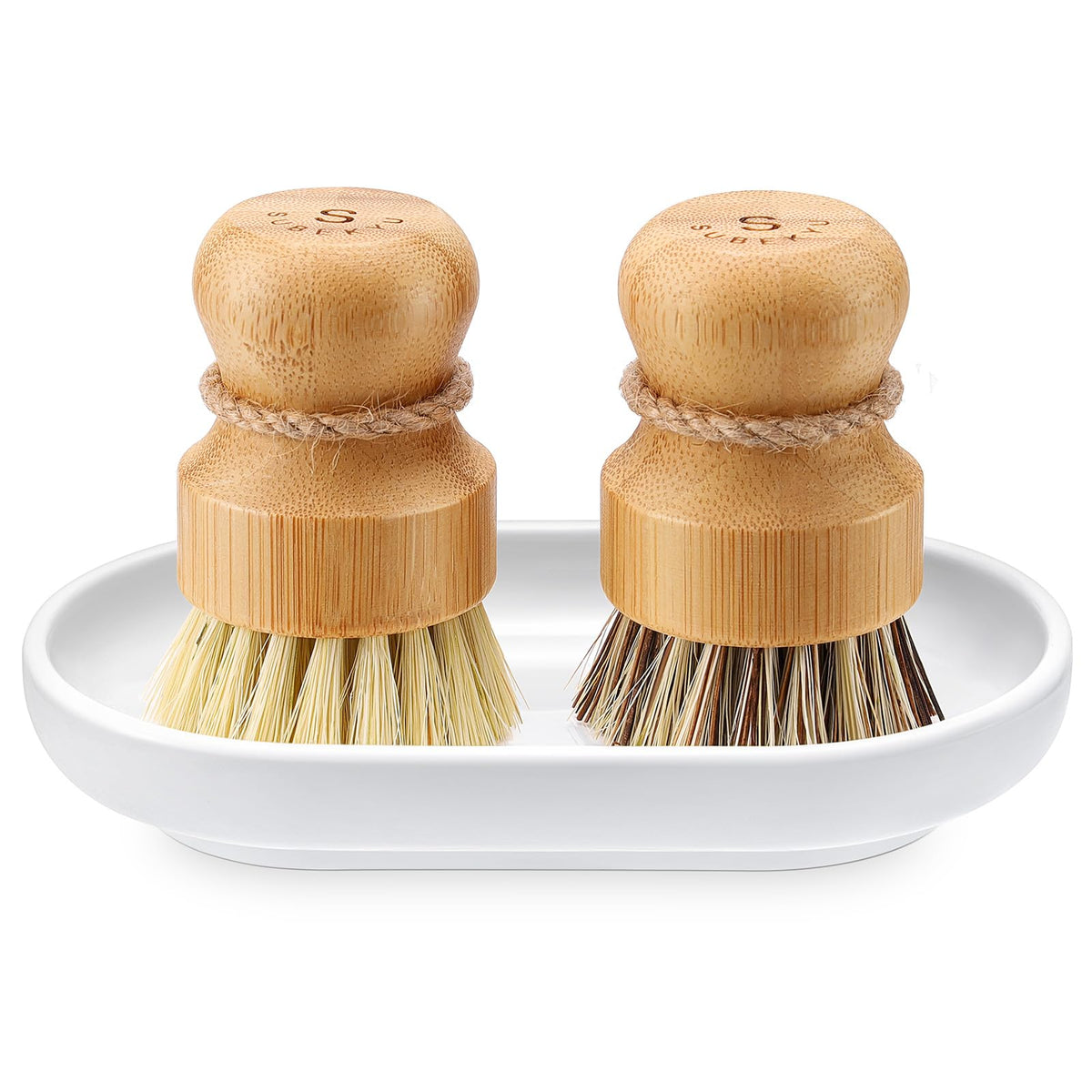 Bamboo Dish Scrub Brush,Produce Brush,2 Pack with Ceramic Holder