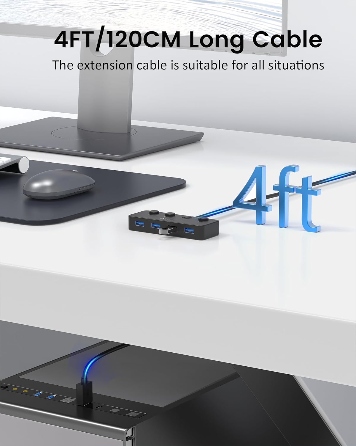USB Hub 3.0 with Individual LED Power Switches & Type C Power Port, Multiport USB Splitter 3.0 with 4FT Long Cable
