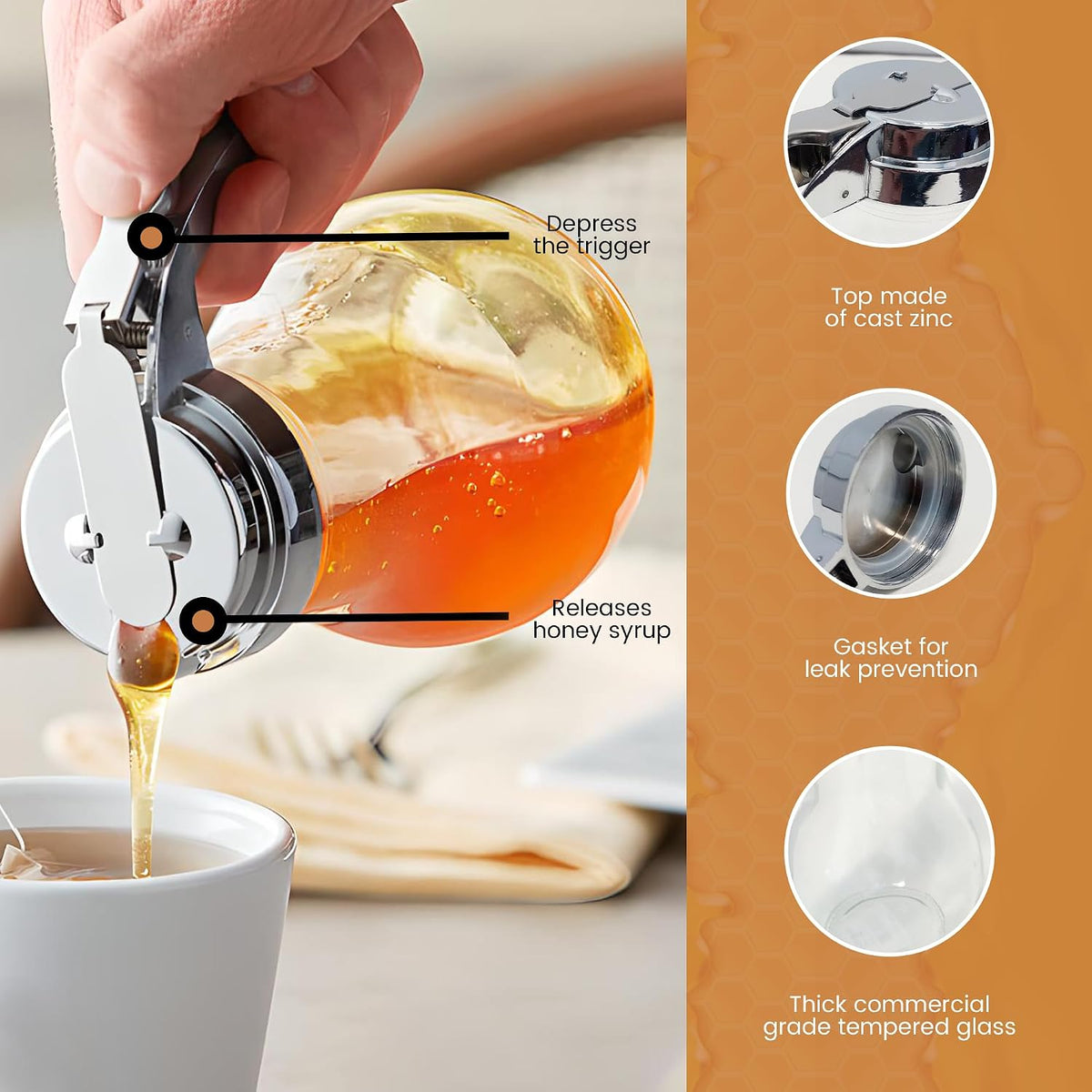 Glass Syrup Dispenser with Lid and Dispensing Thumb Lever