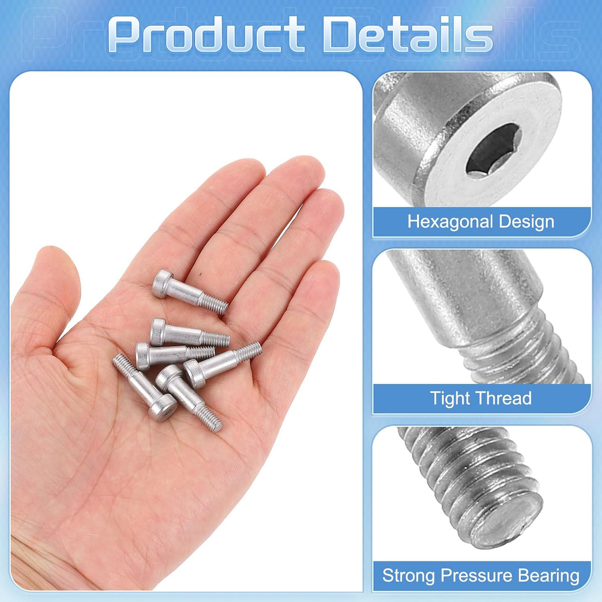 UXCELL 6Pcs Stainless Steel Shoulder Bolt - 6mm Dia, 12mm Length, M5 Thread, Hex Socket for Textile, Hydraulic, Injection Molding Machinery