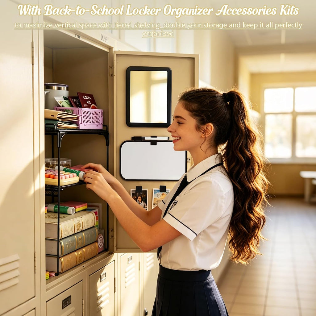 Black 2-Tier Locker Organizer Shelf Locker Accessories Kit, Metal Vertical Storage Rack with Magnetic Mirror