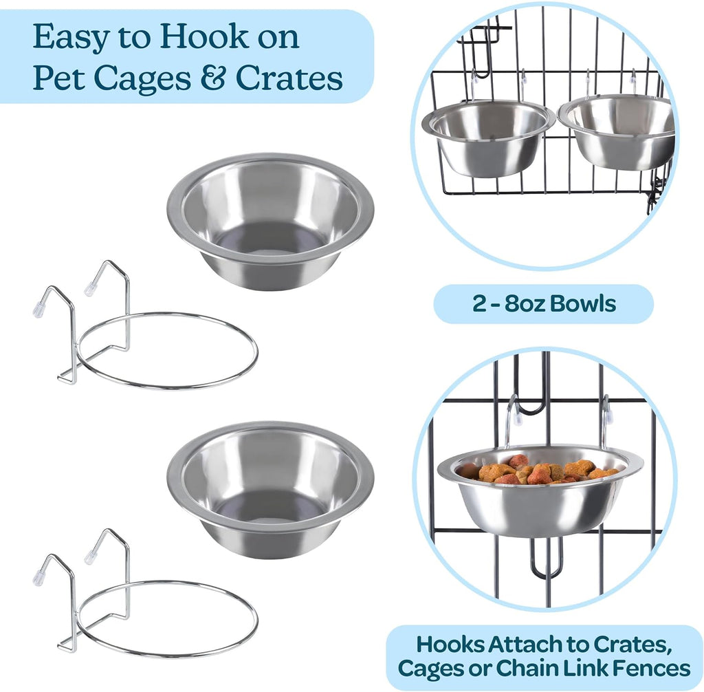 Set of 2 Stainless-Steel Dog Bowls - Cage, Kennel, and Crate Hanging Pet Bowls for Food and Water - 8oz Each and