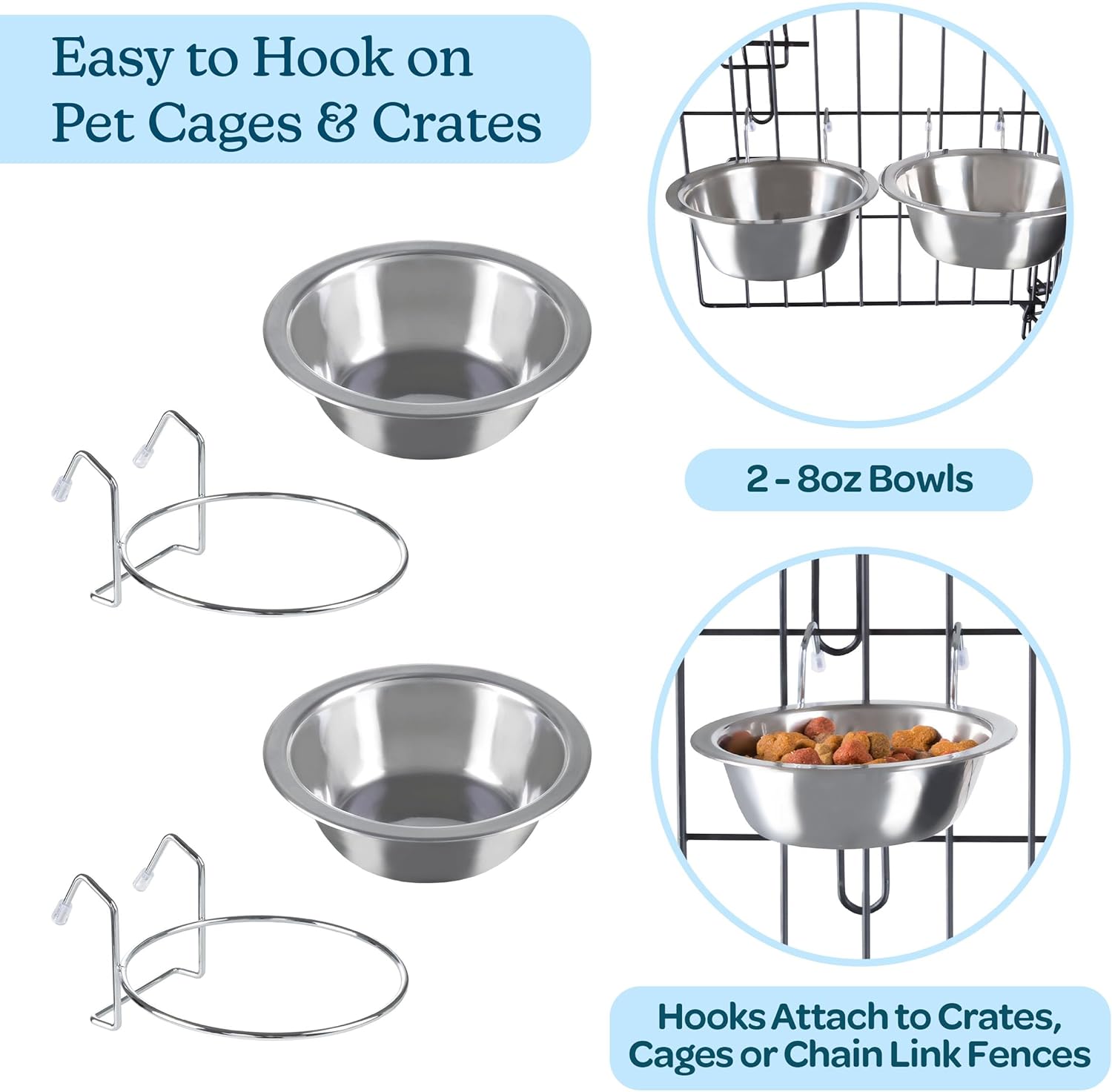 Set of 2 Stainless-Steel Dog Bowls - Cage, Kennel, and Crate Hanging Pet Bowls for Food and Water - 8oz Each and
