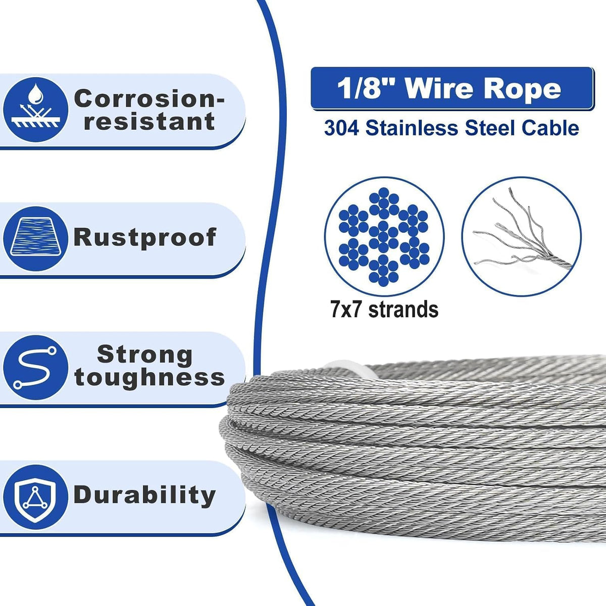 50ft 1/8" Stainless Steel Cable Wire Rope with Turnbuckle Tensioner Kit, M6 Turnbuckle for Cables Wire, Anti Sag Gate