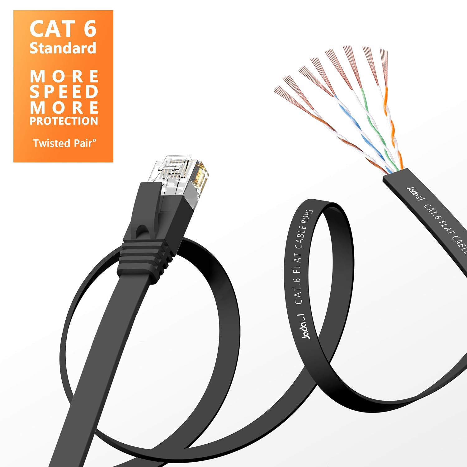 Cat6/Cat6A Ethernet Cable 50FT Flat with Clips 10Gbps Network, Black | 1FT 3FT 5FT 10FT 15FT 20FT 25FT 30FT 35FT 50FT