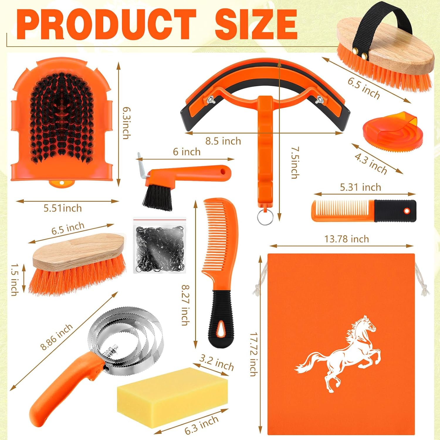 12 Pieces Horse Grooming Kit Equine Care Brushes, Orange