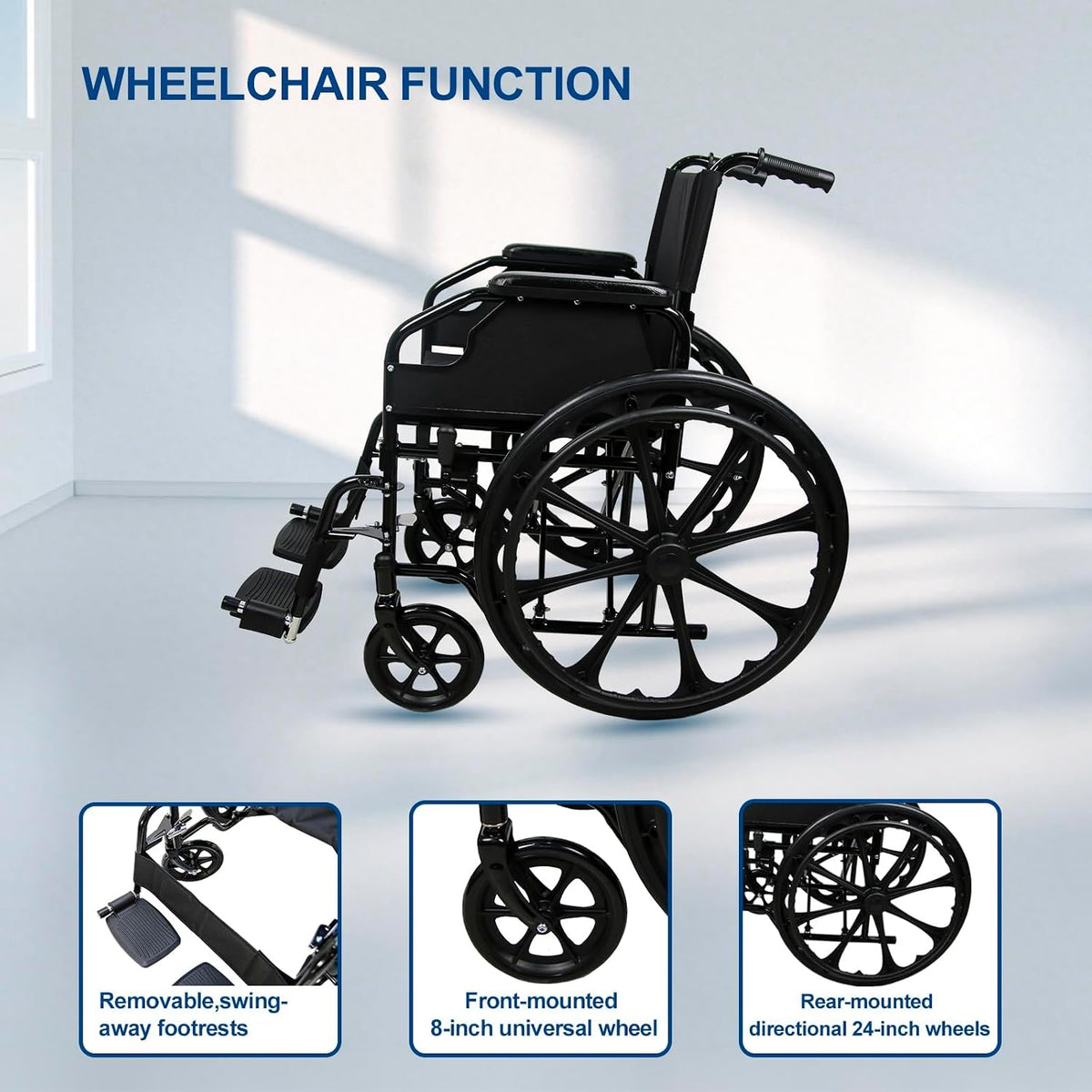 Wheelchairs for Adults Lightweight Foldable, 18" Seat Wheelchair, Flip-Up Arms & Removable Footrests, Portable