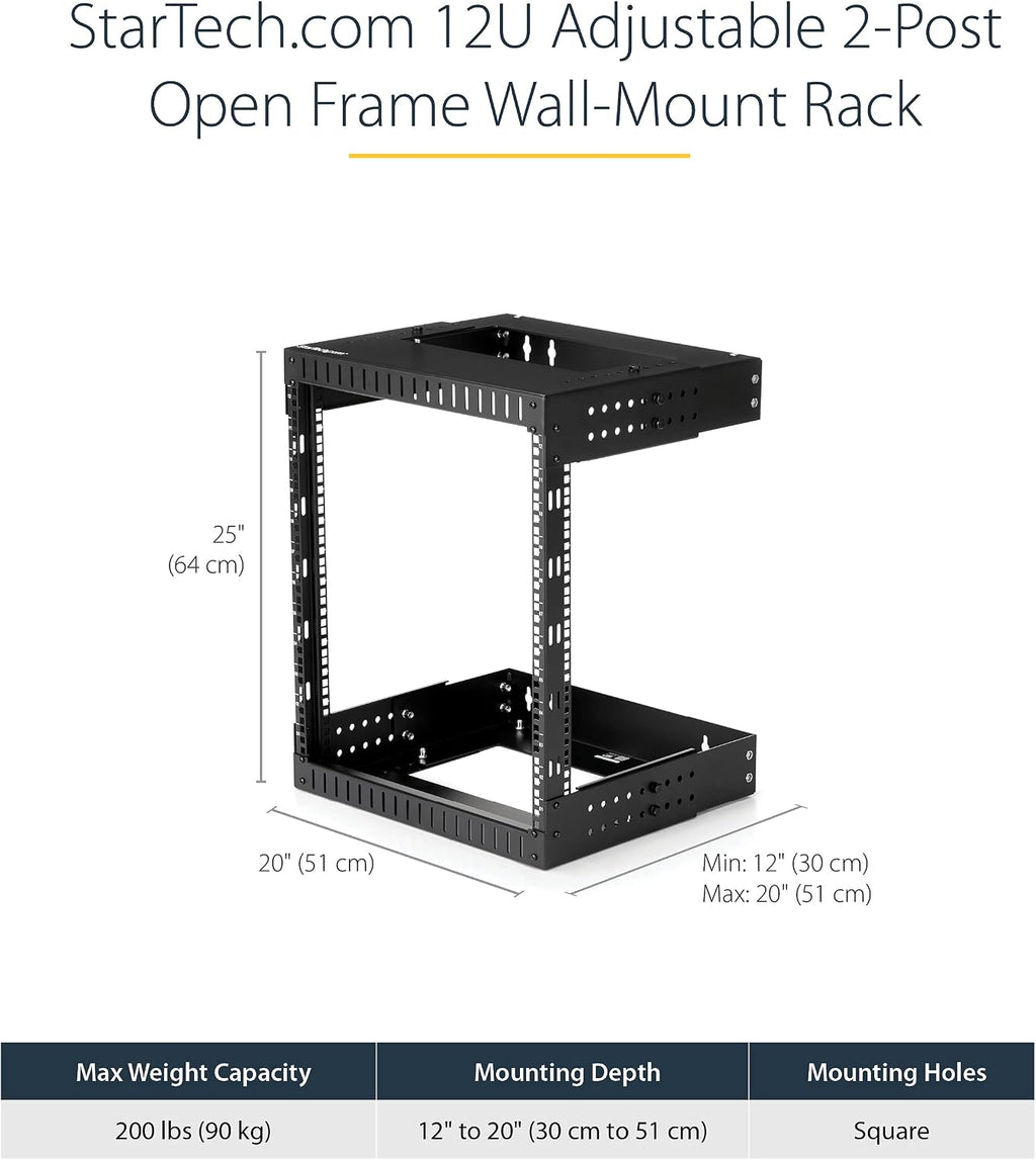 StarTech 12U 2-Post Wall Mount Open Frame Rack, 19in, 200lb (RK12WALLOA)