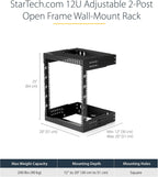 StarTech 12U 2-Post Wall Mount Open Frame Rack, 19in, 200lb (RK12WALLOA)