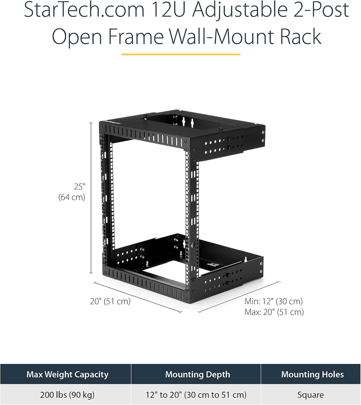 StarTech 12U 2-Post Wall Mount Open Frame Rack, 19in, 200lb (RK12WALLOA)