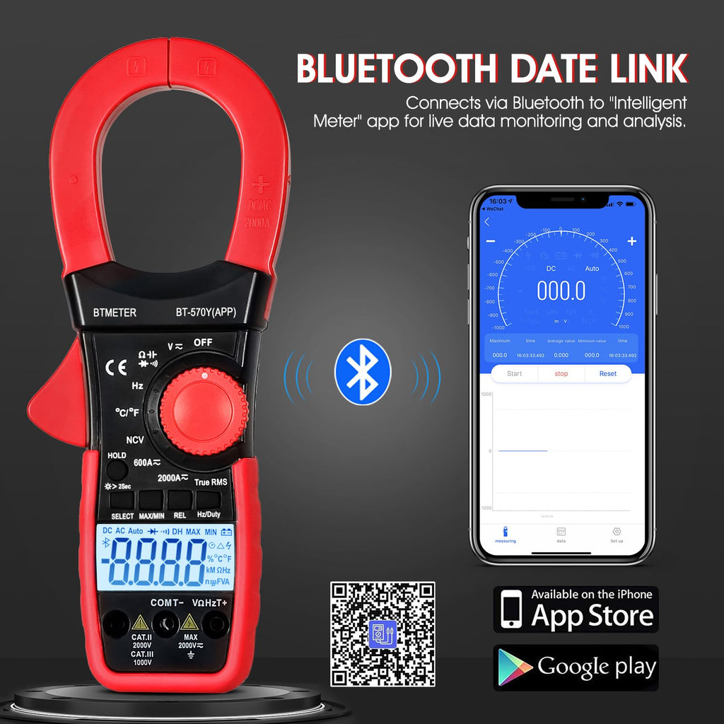 BTMETER Digital Clamp Meter Multimeter, 6000 Counts Bluetooth Multimeter, 2000A AC/DC Amp Tester, Measures Voltage, Ohms, Capacitance, Frequency, Temperature, NCV with Data Logging 570Y-APP