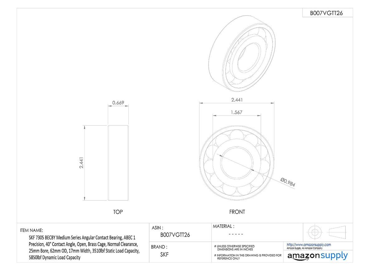 SKF 7305 BECBY Medium Series Angular Contact Bearing, ABEC 1 Precision, 40° Contact Angle, Open, Brass Cage, Normal Clearance, 25mm Bore, 62mm OD, 17mm Width, 3510lbf Static Load Capacity, 5850lbf Dynamic Load Capacity