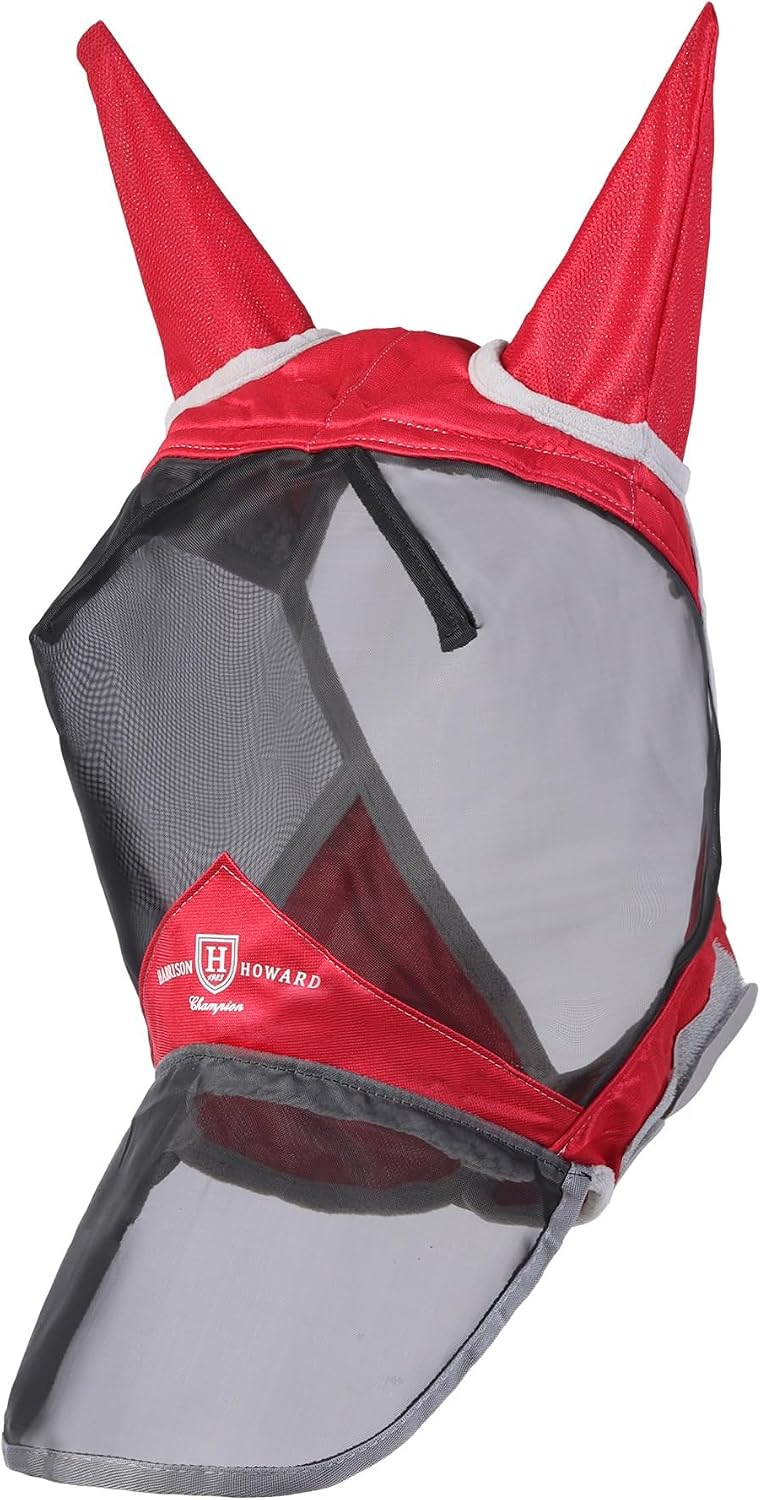 CareMaster Pro Luminous Horse Fly Mask Large Eye Space Long Nose with Ears UV Protection for Horse Red Full Size