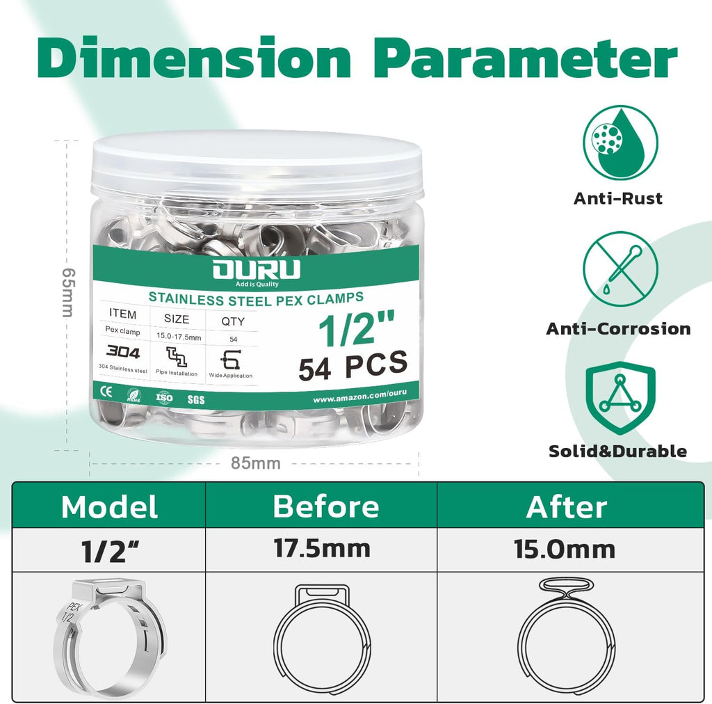 OURU 54PCS 1/2 Pex Crimp Rings, 304 Stainless Steel Pex Fittings