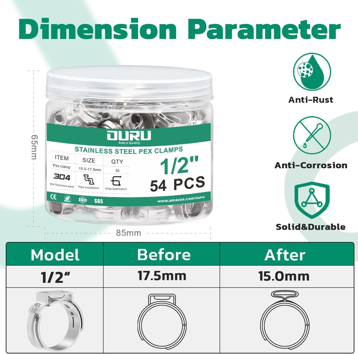 OURU 54PCS 1/2 Pex Crimp Rings, 304 Stainless Steel Pex Fittings