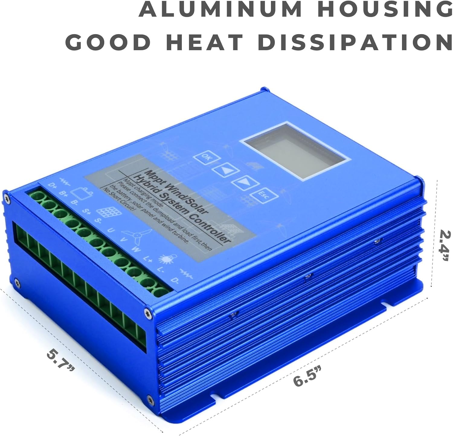 Wind Solar Hybrid Charge Controller, 1400W Wind and Solar Charge Controller, Auto 12V/24V Battery Off Grid Controller