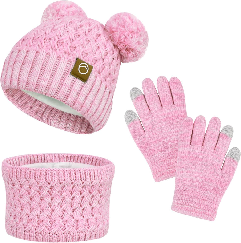 Kids Winter Hat Gloves Scarf Set,Toddler Girls Winter Hat Kids Beanie with Pom Neck Warmer Gaiter Mittens Fleece