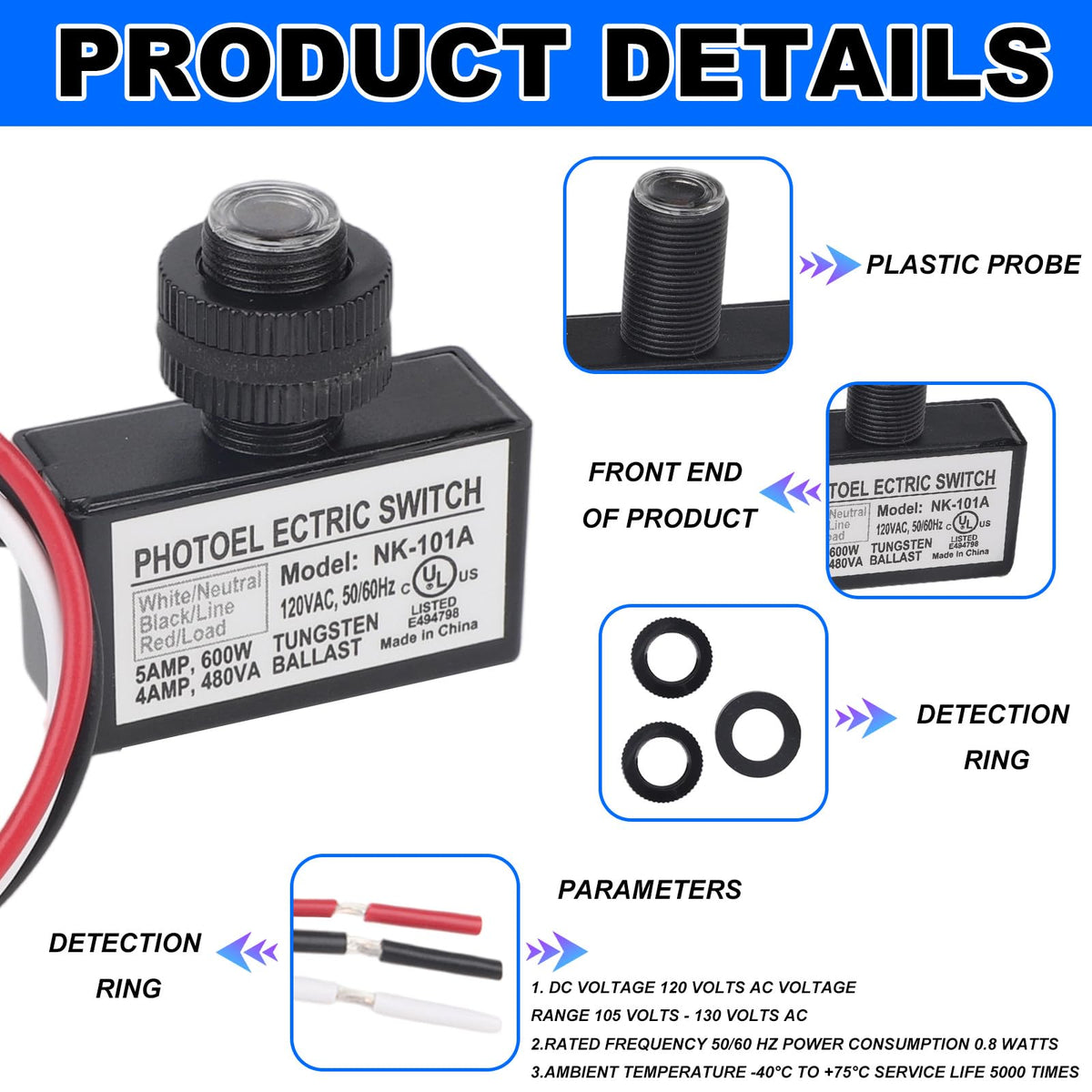 2pcs 105V-130V AC Photocell Light Sensor