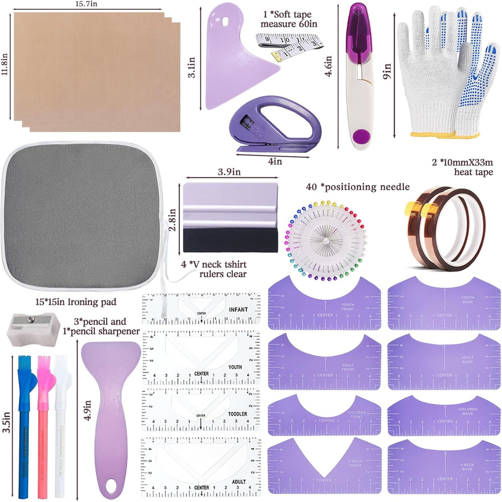 Sublimation Shirts Tool Kits for Vinyl Alignment,Portable Pad for Ironing,T-Shirt Rulers Guide and Teflon Sheet for